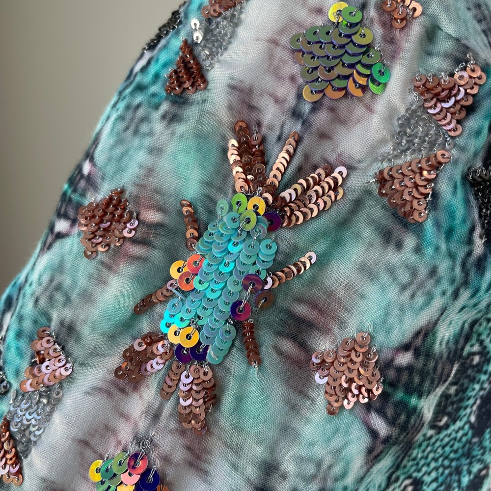 Kobi Halperin Womens XL Teal Ikat‎ Snakeskin Print Blouse Front Neck Tie Shirt - Picture 10 of 10